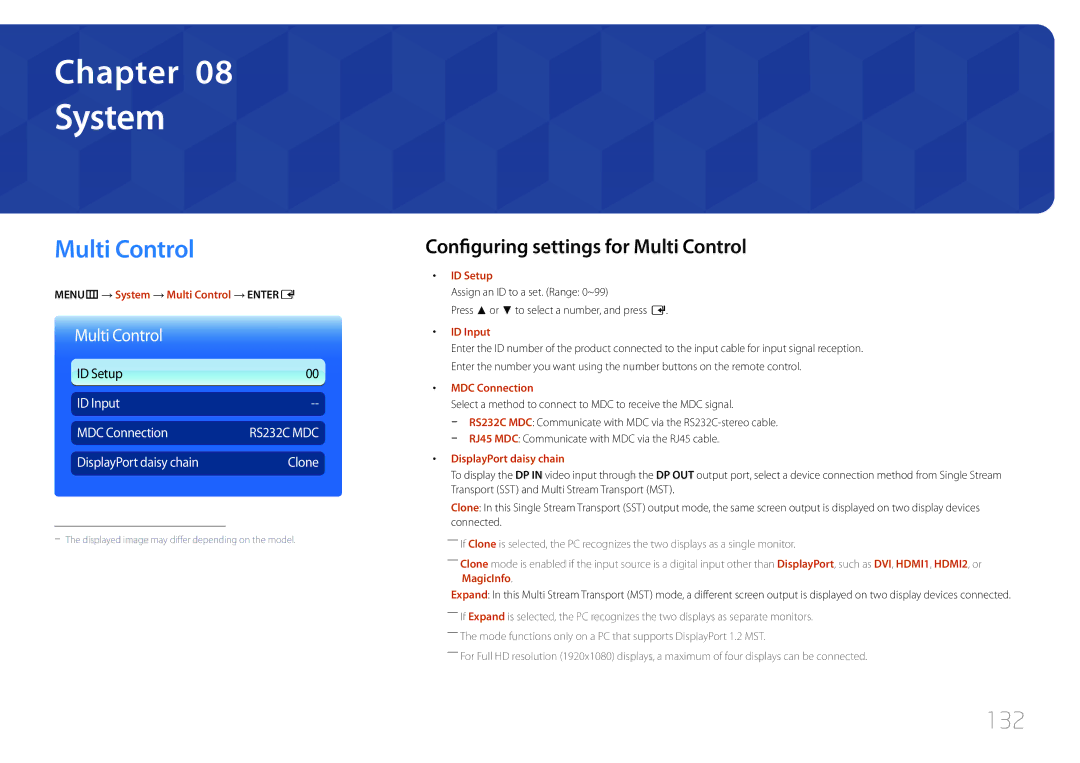 Samsung MD65C user manual 132, MENUm → System → Multi Control → Entere 