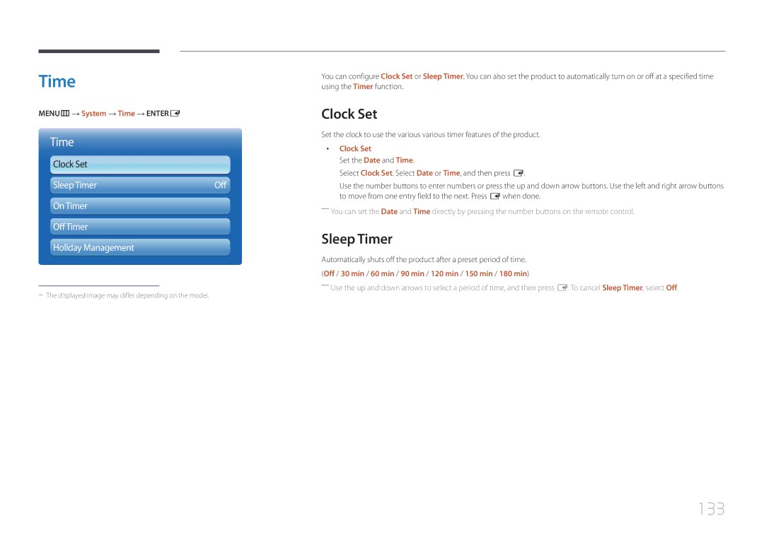 Samsung MD65C user manual 133, Clock Set, Sleep Timer 