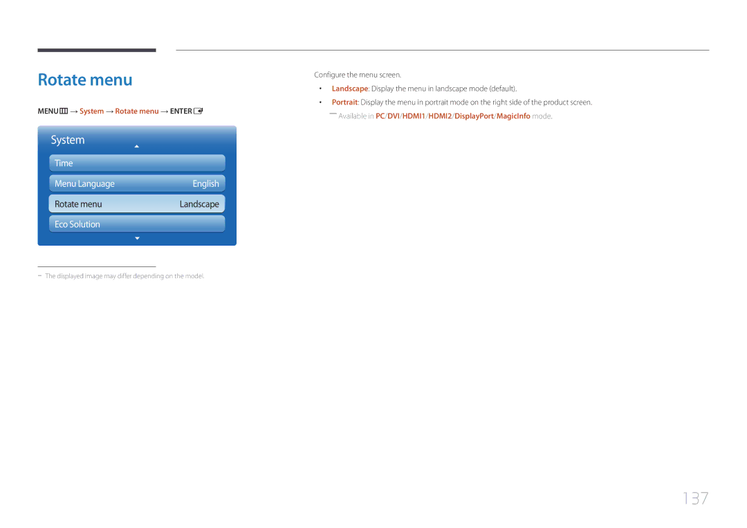 Samsung MD65C user manual 137, MENUm → System → Rotate menu → Entere 