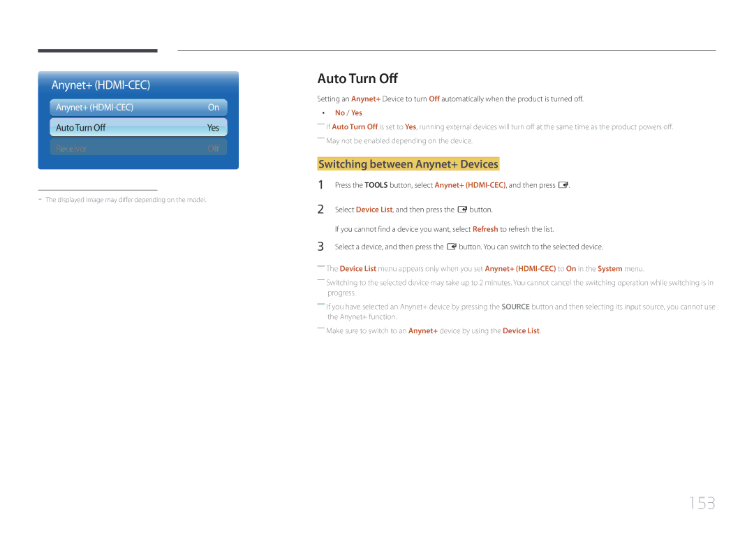 Samsung MD65C user manual 153, Auto Turn Off, Switching between Anynet+ Devices, No / Yes 