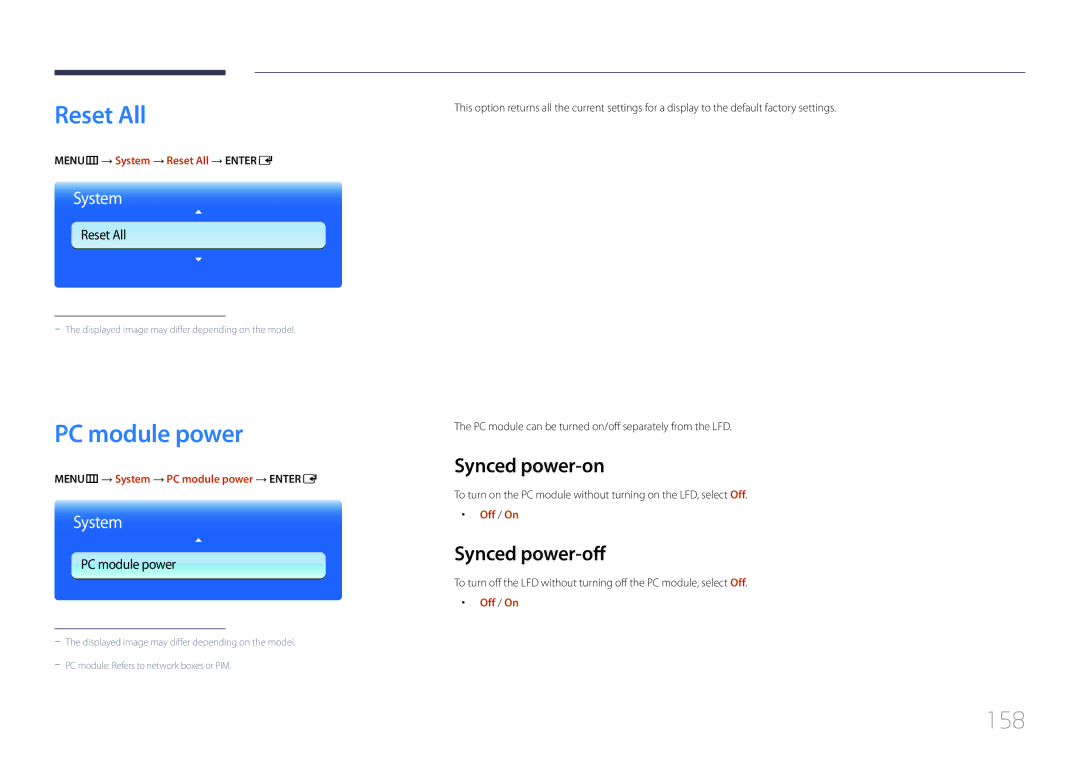 Samsung MD65C user manual Reset All, PC module power, 158, Synced power-on, Synced power-off 