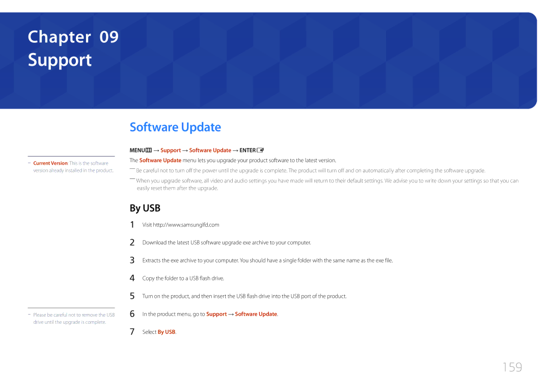 Samsung MD65C user manual 159, By USB, MENUm → Support → Software Update → Entere 