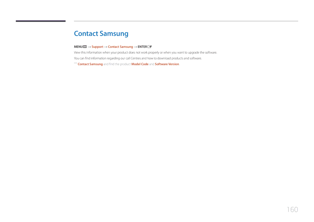 Samsung MD65C user manual 160, MENUm → Support → Contact Samsung → Entere 