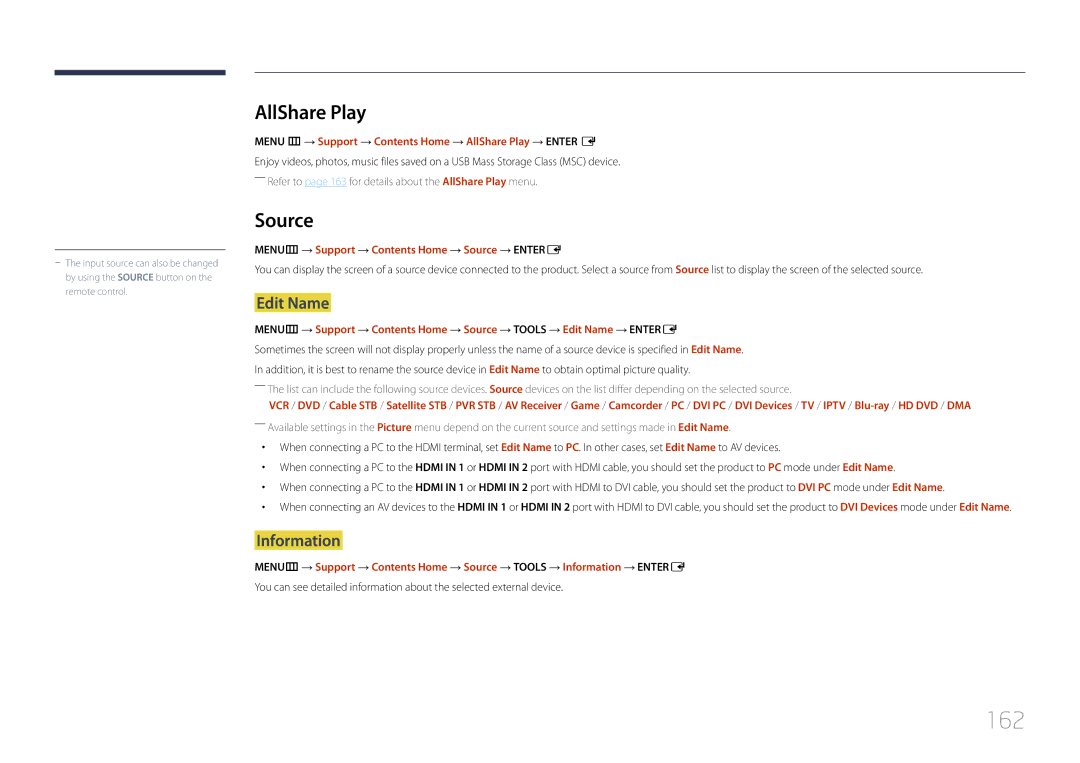 Samsung MD65C user manual 162, AllShare Play, Edit Name, Information, MENUm → Support → Contents Home → Source → Entere 