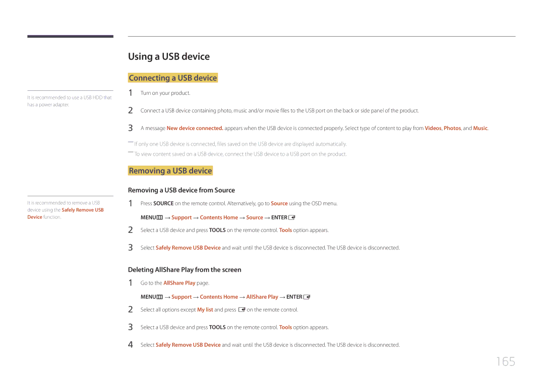 Samsung MD65C user manual 165, Using a USB device, Connecting a USB device, Removing a USB device 