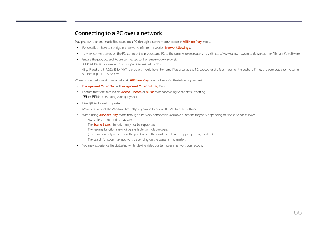 Samsung MD65C user manual 166, Connecting to a PC over a network, Background Music On and Background Music Setting features 