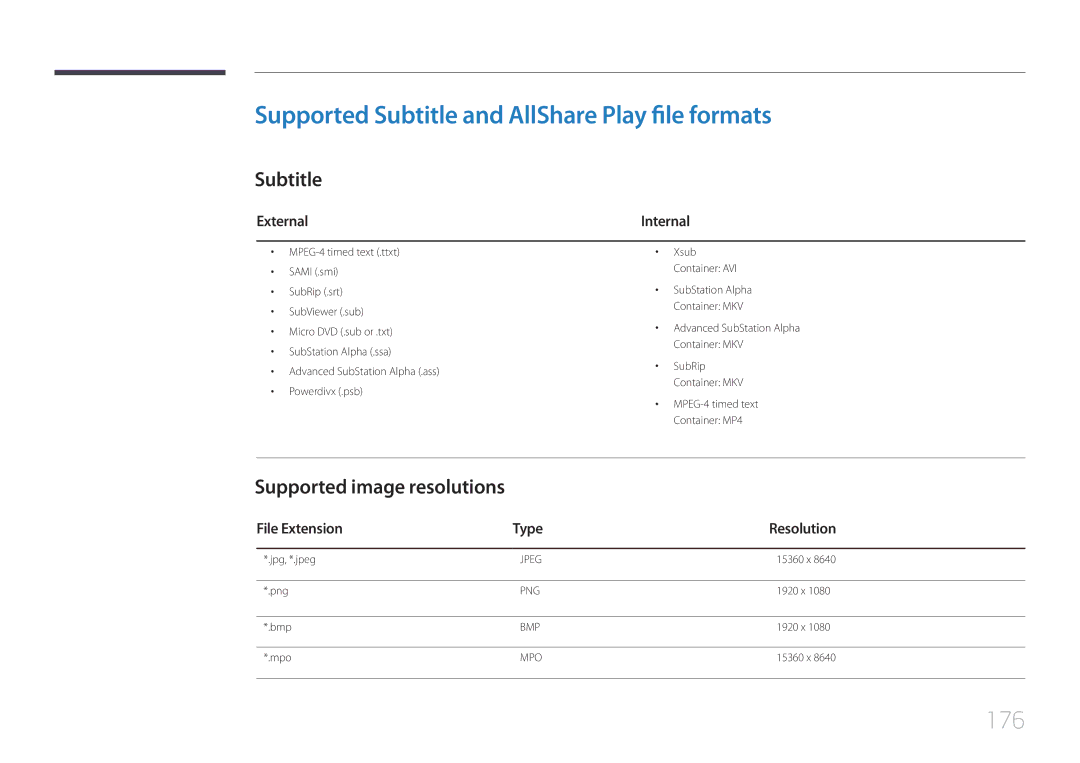 Samsung MD65C user manual Supported Subtitle and AllShare Play file formats, 176, Supported image resolutions 