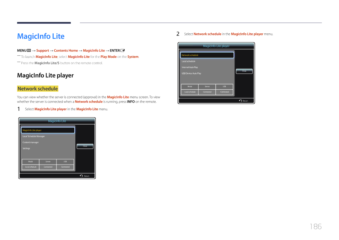 Samsung MD65C user manual 186, MagicInfo Lite player, Network schedule 