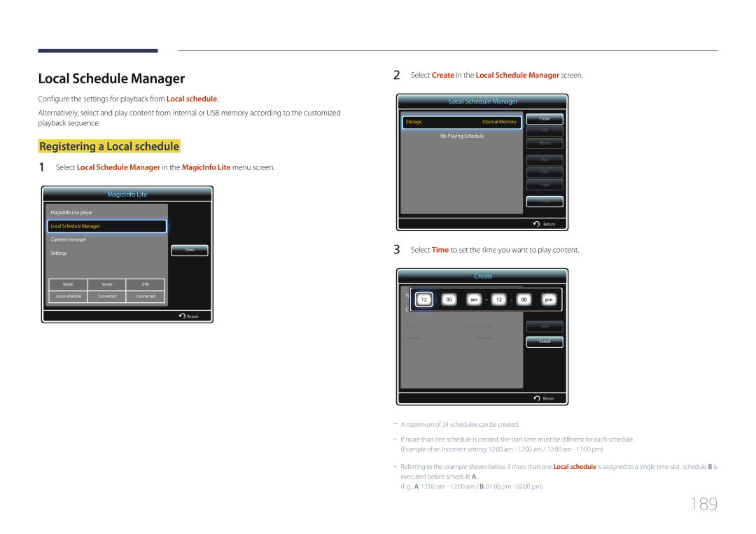 Samsung MD65C user manual 189, Local Schedule Manager, Registering a Local schedule 