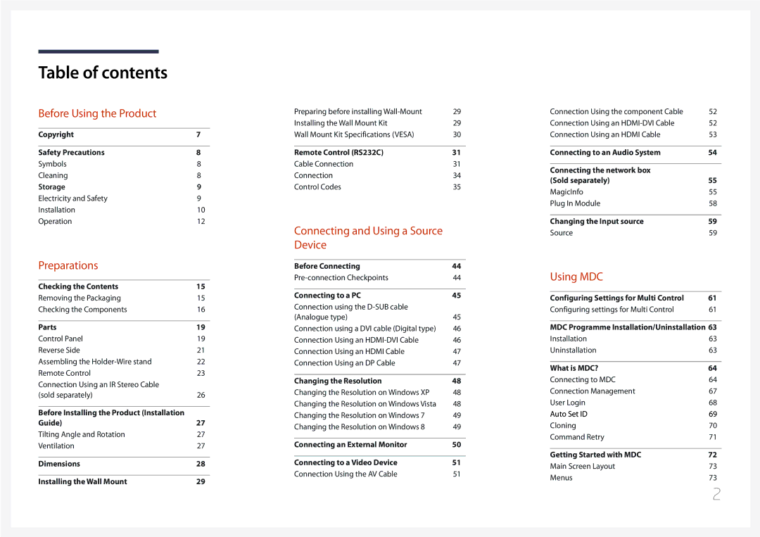 Samsung MD65C user manual Table of contents 