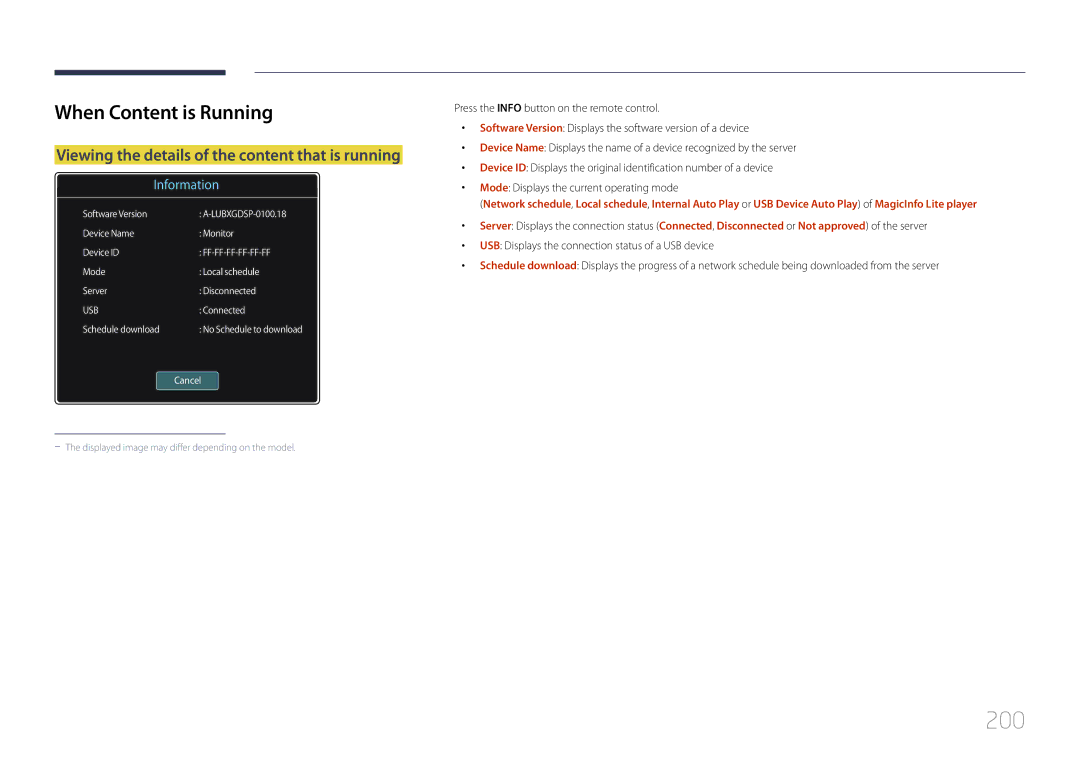 Samsung MD65C user manual 200, When Content is Running, Viewing the details of the content that is running 