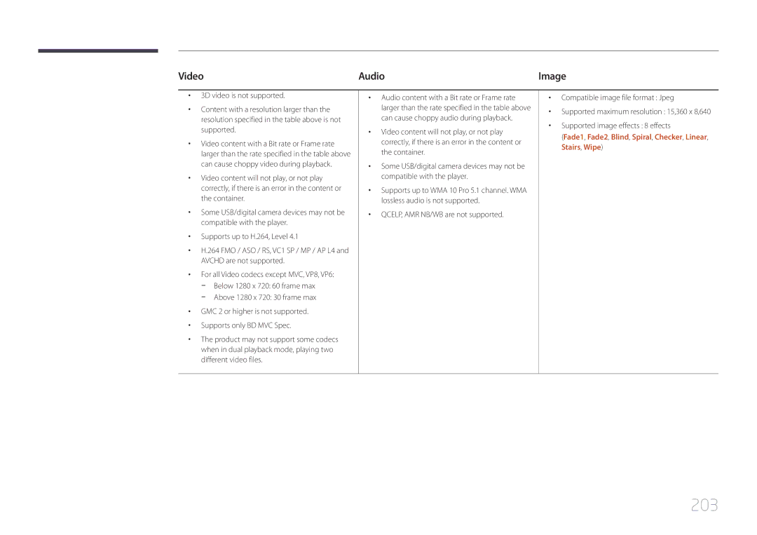 Samsung MD65C user manual 203, Fade1, Fade2, Blind, Spiral, Checker, Linear, Stairs, Wipe 