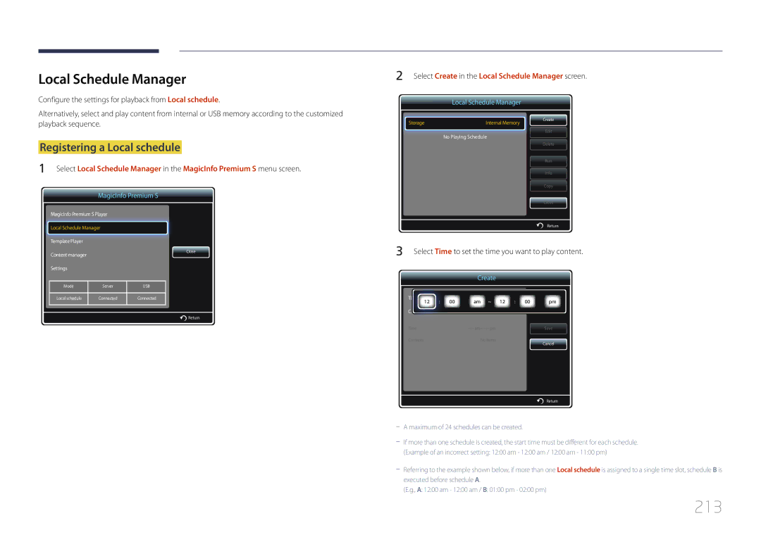 Samsung MD65C user manual 213, Local Schedule Manager 