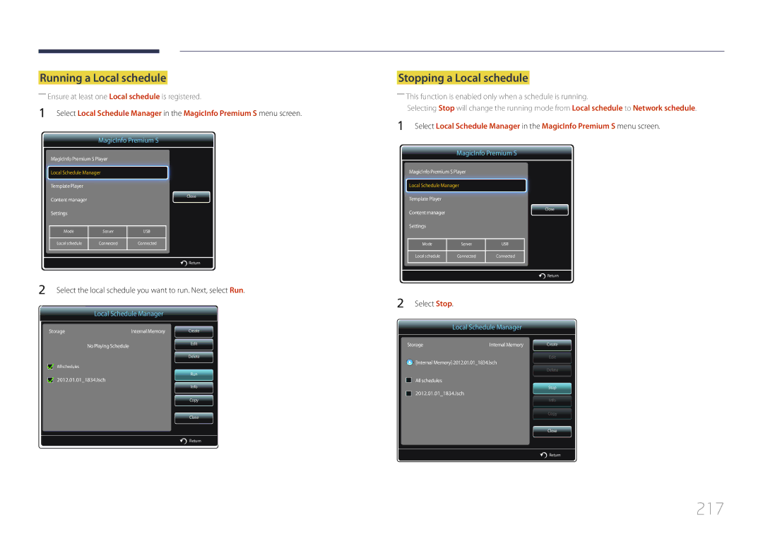 Samsung MD65C user manual 217, Running a Local schedule 