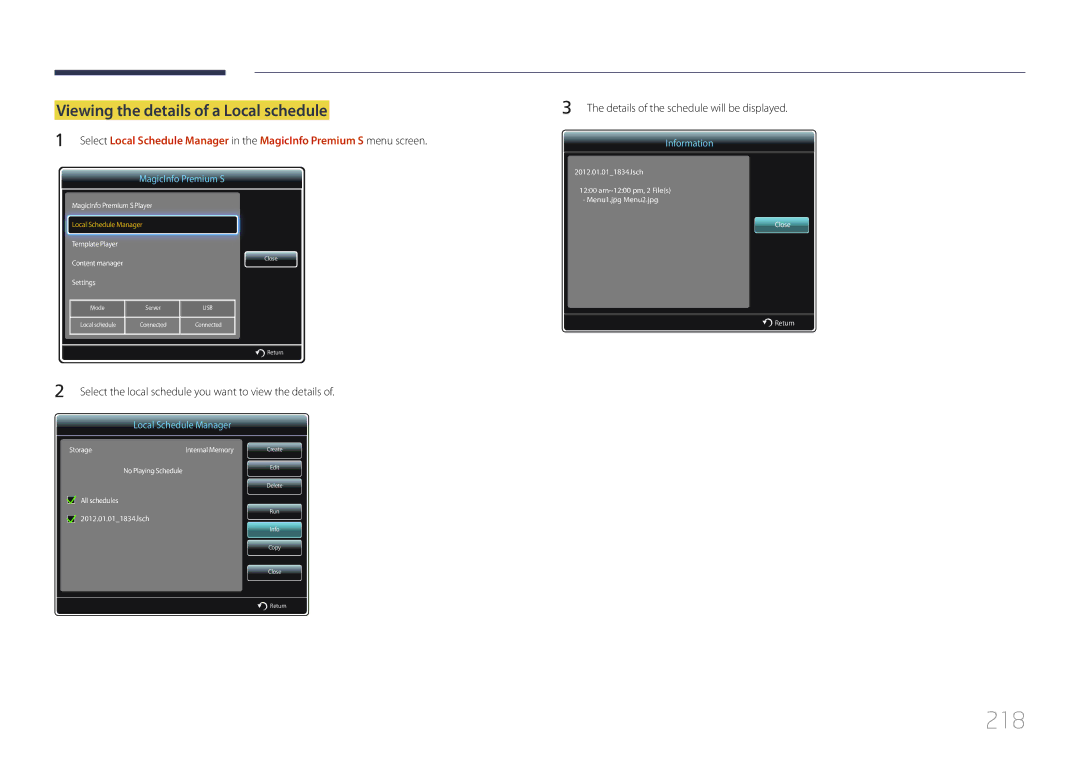 Samsung MD65C user manual 218, Viewing the details of a Local schedule 