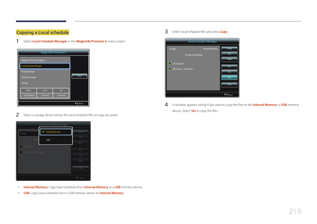 Samsung MD65C user manual 219, Copying a Local schedule 