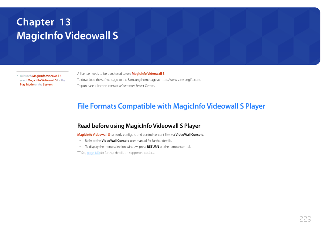 Samsung MD65C user manual File Formats Compatible with MagicInfo Videowall S Player, 229 