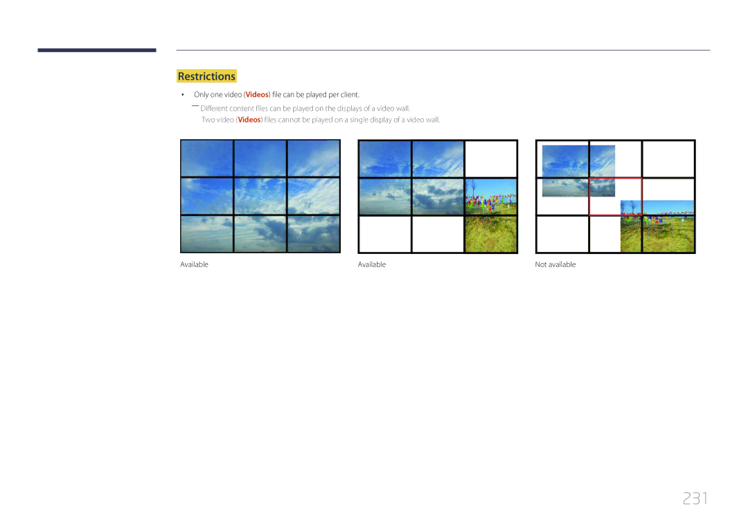 Samsung MD65C user manual 231, Restrictions, Only one video Videos file can be played per client, Available 
