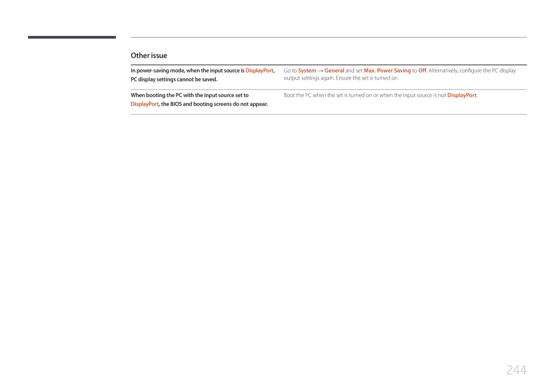 Samsung MD65C user manual 244, PC display settings cannot be saved 