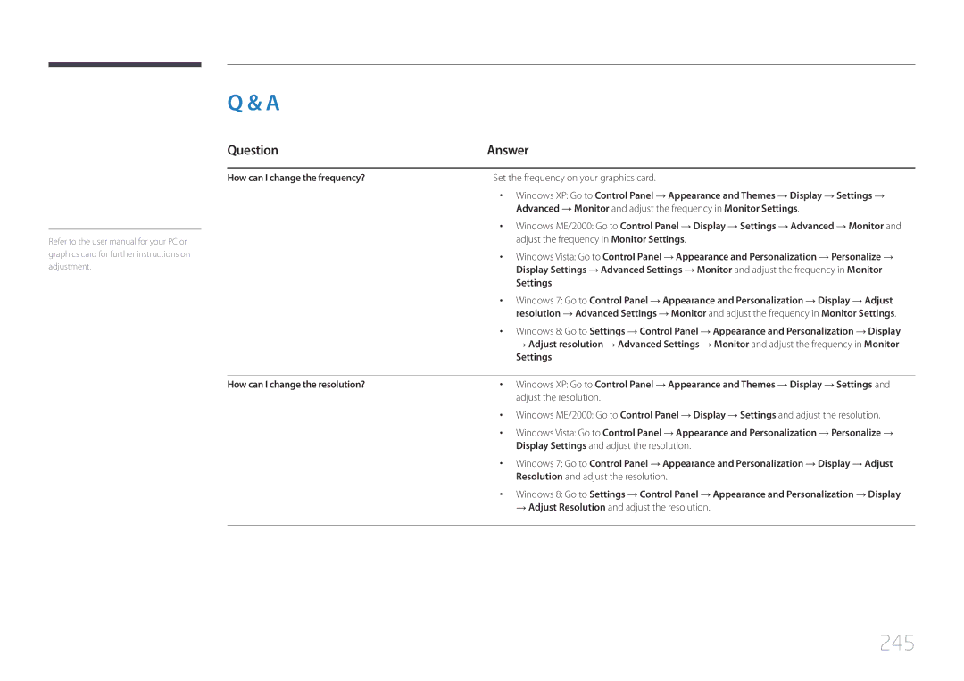 Samsung MD65C user manual 245, Question Answer, How can I change the frequency?, Settings, How can I change the resolution? 