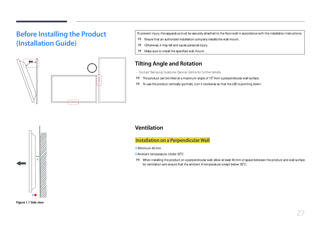 Samsung MD65C user manual Tilting Angle and Rotation, Ventilation, Installation on a Perpendicular Wall 