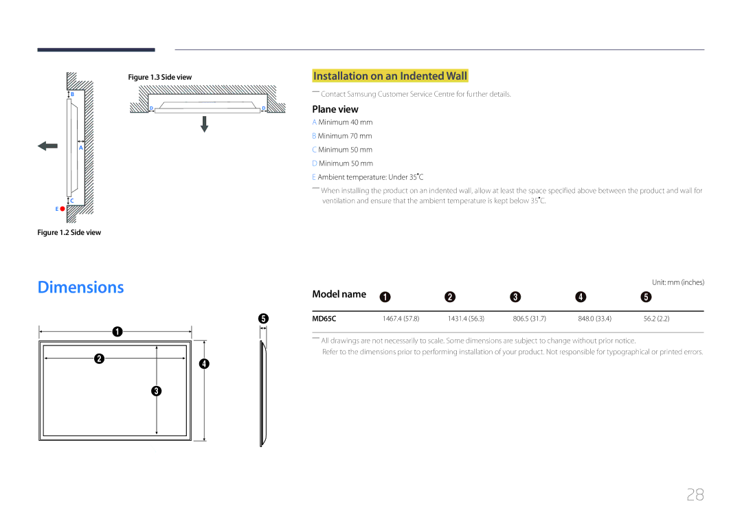 Samsung MD65C user manual Dimensions, Installation on an Indented Wall, Plane view, Model name 