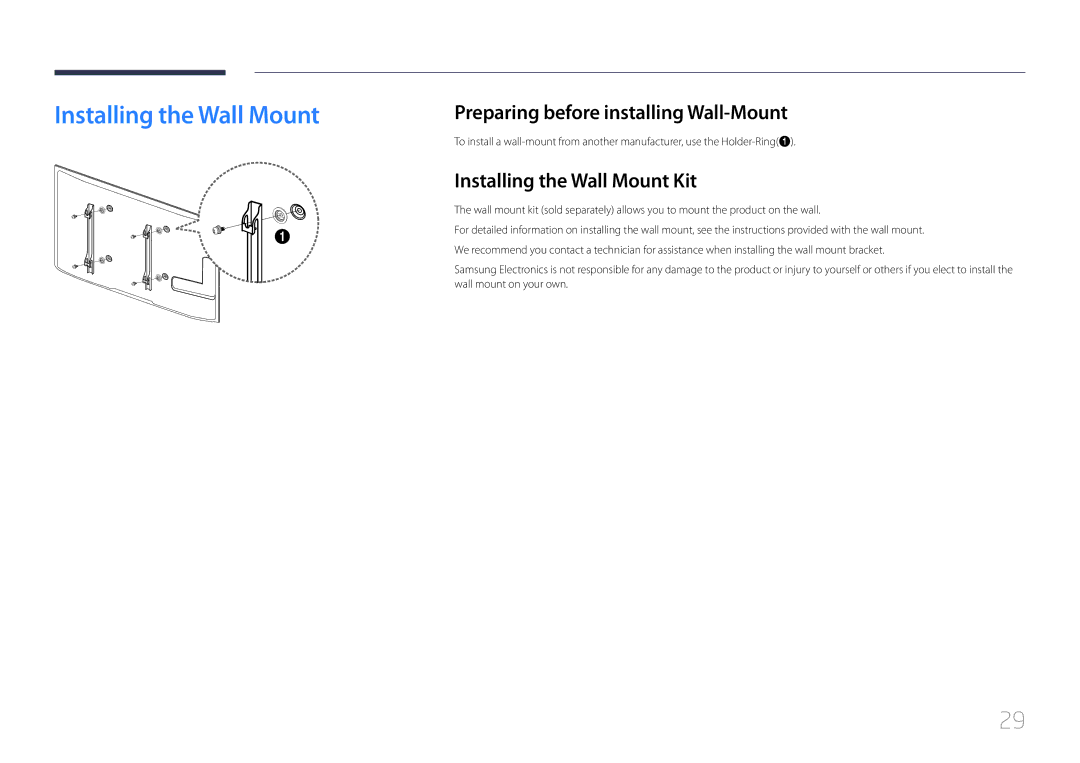 Samsung MD65C user manual Preparing before installing Wall-Mount, Installing the Wall Mount Kit 