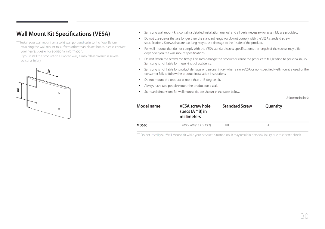 Samsung MD65C user manual Wall Mount Kit Specifications Vesa, 400 × 400 15.7 × 