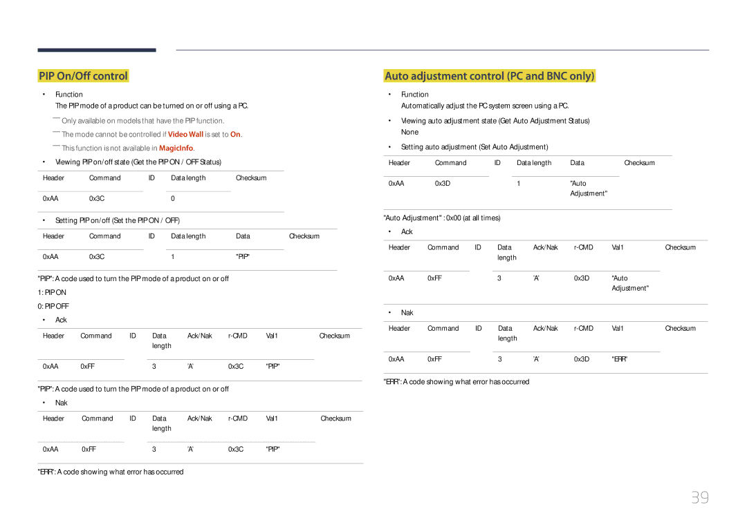 Samsung MD65C user manual PIP On/Off control, Auto adjustment control PC and BNC only 