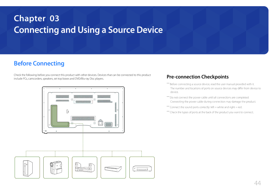 Samsung MD65C user manual Connecting and Using a Source Device, Before Connecting, Pre-connection Checkpoints 