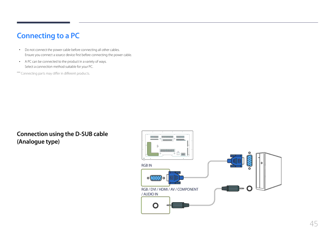 Samsung MD65C user manual Connecting to a PC, Connection using the D-SUB cable Analogue type 