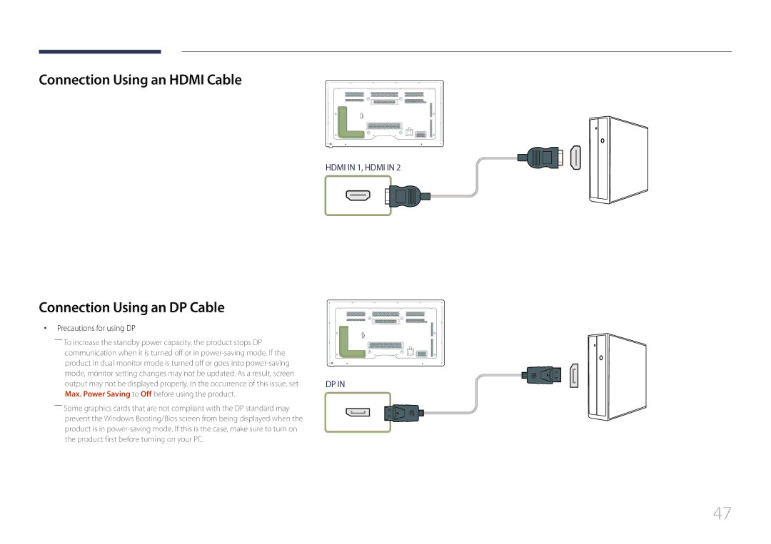 Samsung MD65C user manual Connection Using an Hdmi Cable, Connection Using an DP Cable, Precautions for using DP 