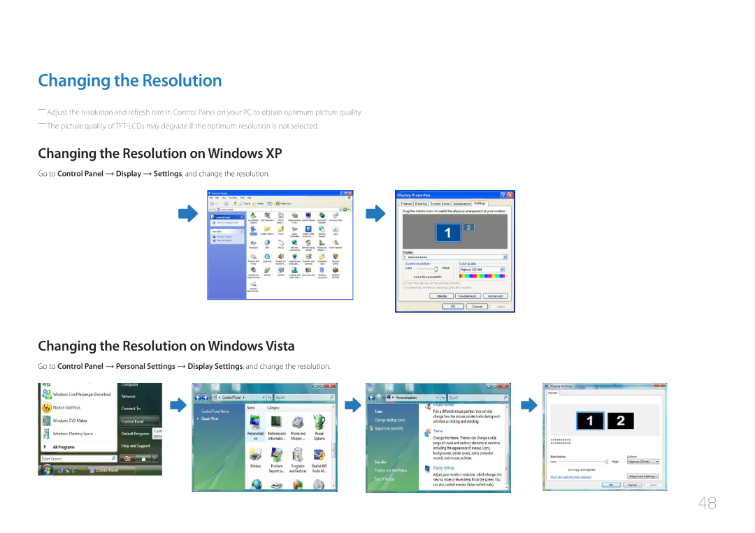 Samsung MD65C user manual Changing the Resolution on Windows XP, Changing the Resolution on Windows Vista 