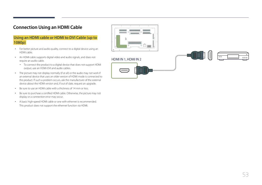 Samsung MD65C user manual Connection Using an Hdmi Cable, Using an Hdmi cable or Hdmi to DVI Cable up to 1080p 