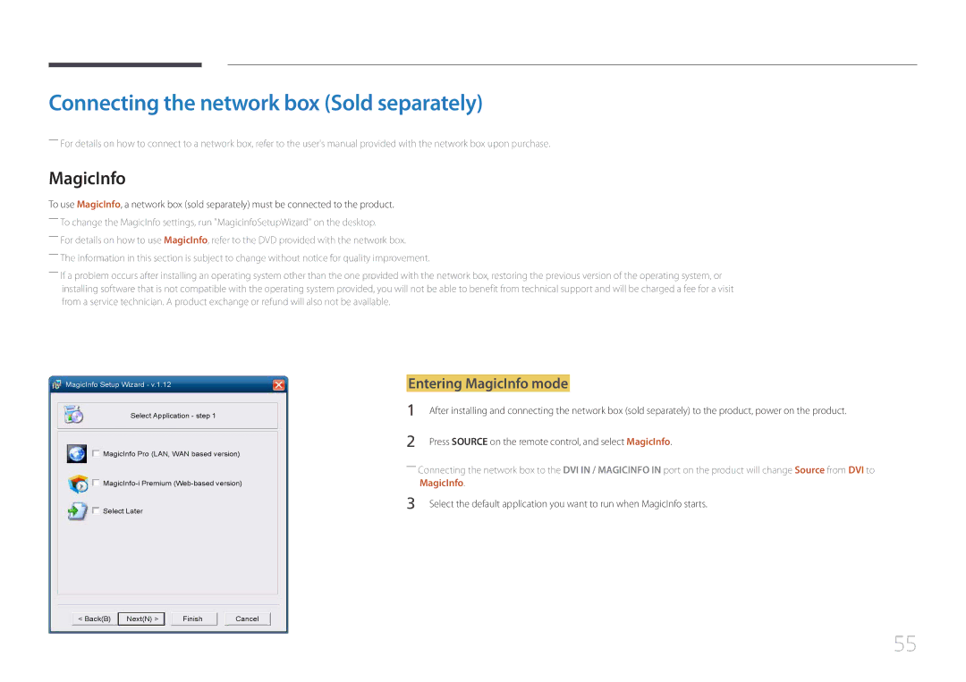 Samsung MD65C user manual Connecting the network box Sold separately, Entering MagicInfo mode 