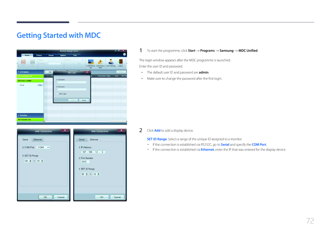 Samsung MD65C user manual Getting Started with MDC 