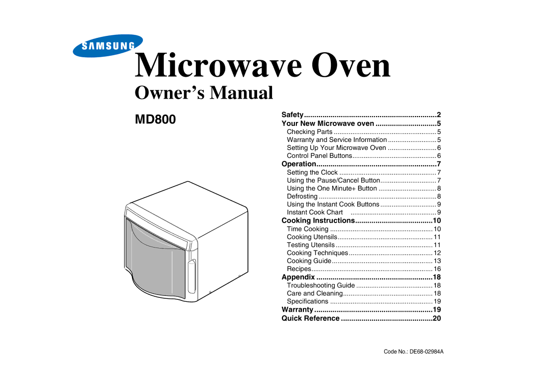 Samsung MD800 owner manual Microwave Oven 