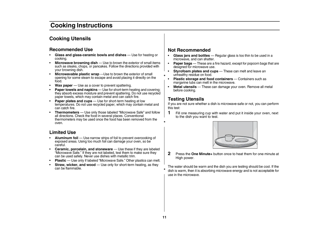 Samsung MD800 owner manual Cooking Utensils, Recommended Use, Limited Use, Not Recommended, Testing Utensils 