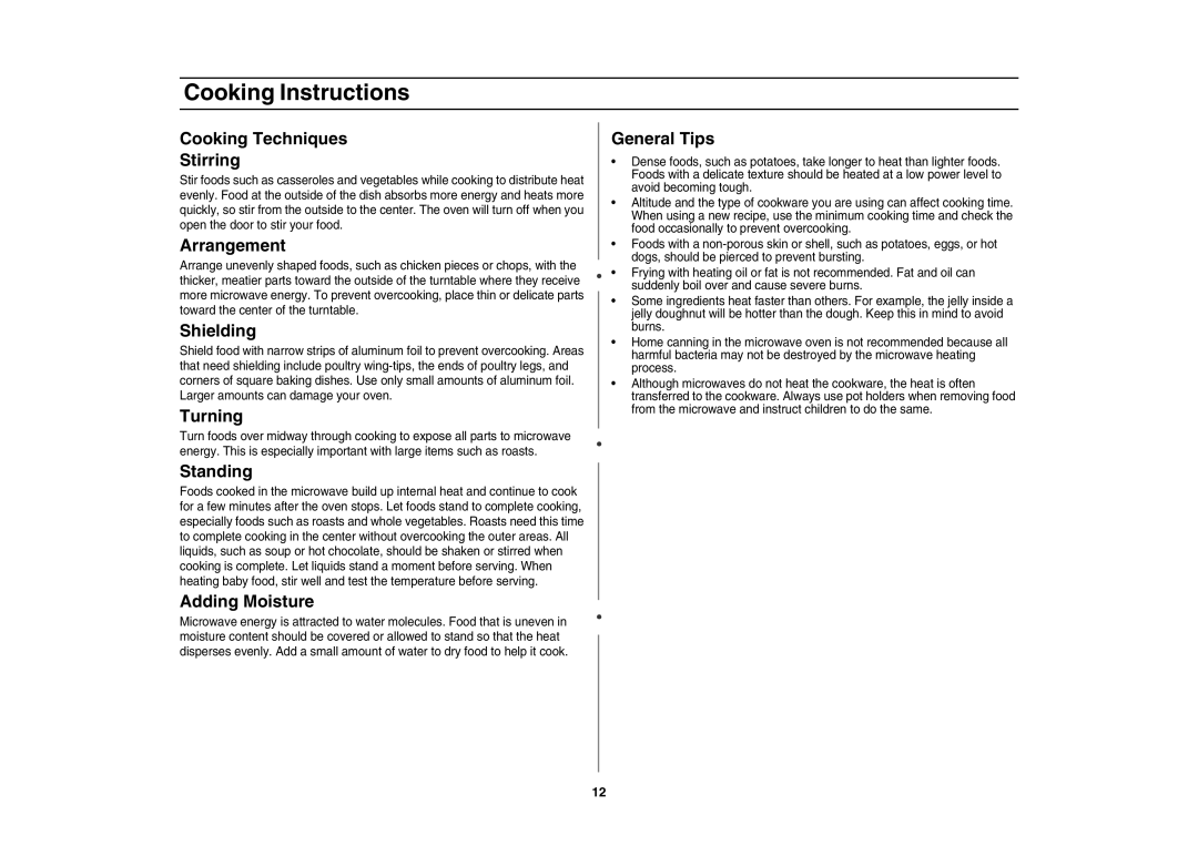 Samsung MD800 Cooking Techniques Stirring, Arrangement, Shielding, Turning, Standing, Adding Moisture, General Tips 