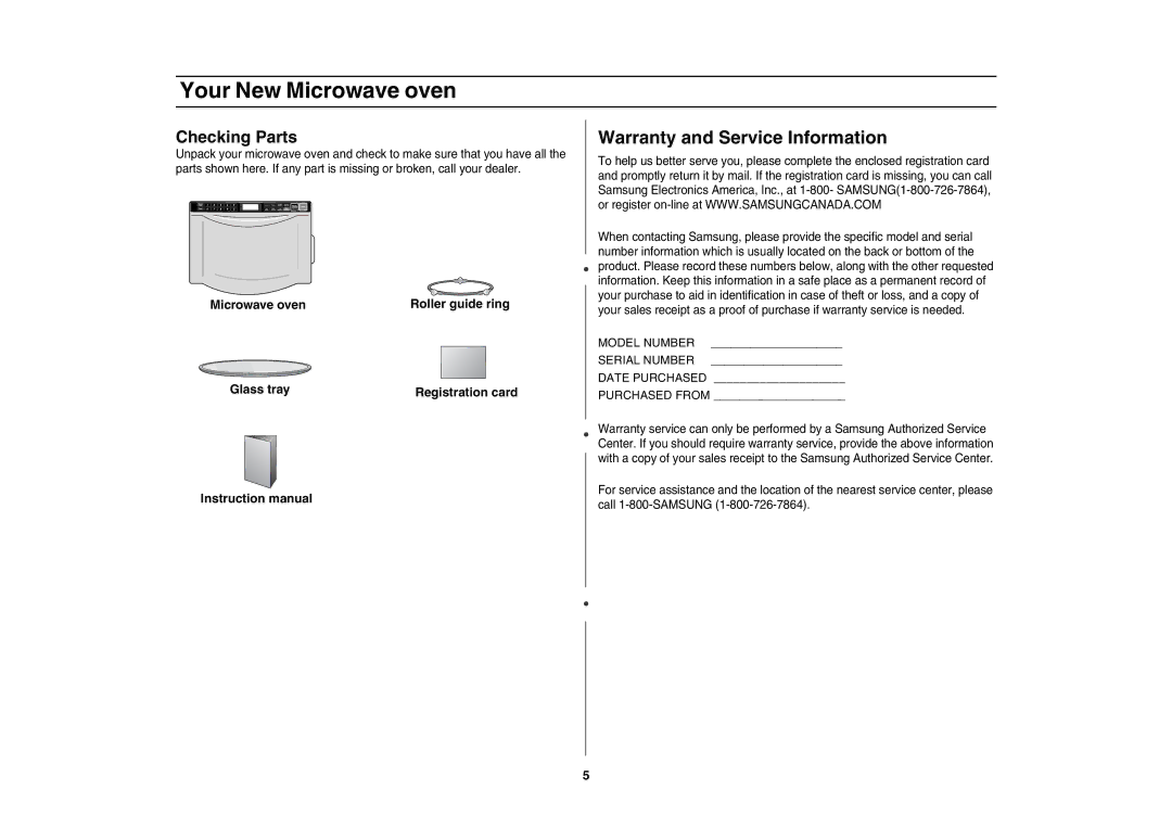 Samsung MD800 owner manual Your New Microwave oven, Warranty and Service Information, Checking Parts 