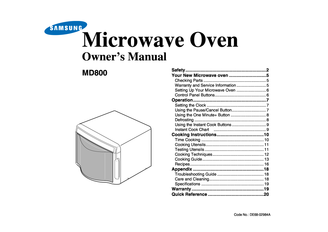 Samsung MD800 owner manual Safety, Your New Microwave oven, Operation, Cooking Instructions, Appendix, Warranty 