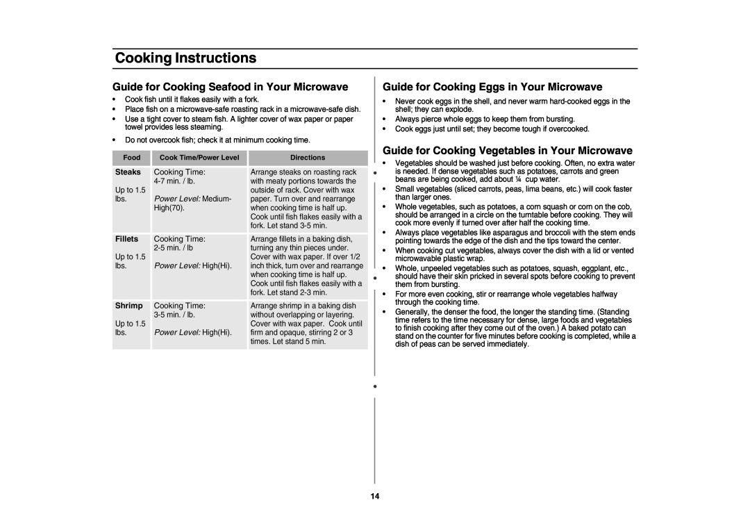 Samsung MD800 Guide for Cooking Seafood in Your Microwave, Guide for Cooking Eggs in Your Microwave, Cooking Instructions 