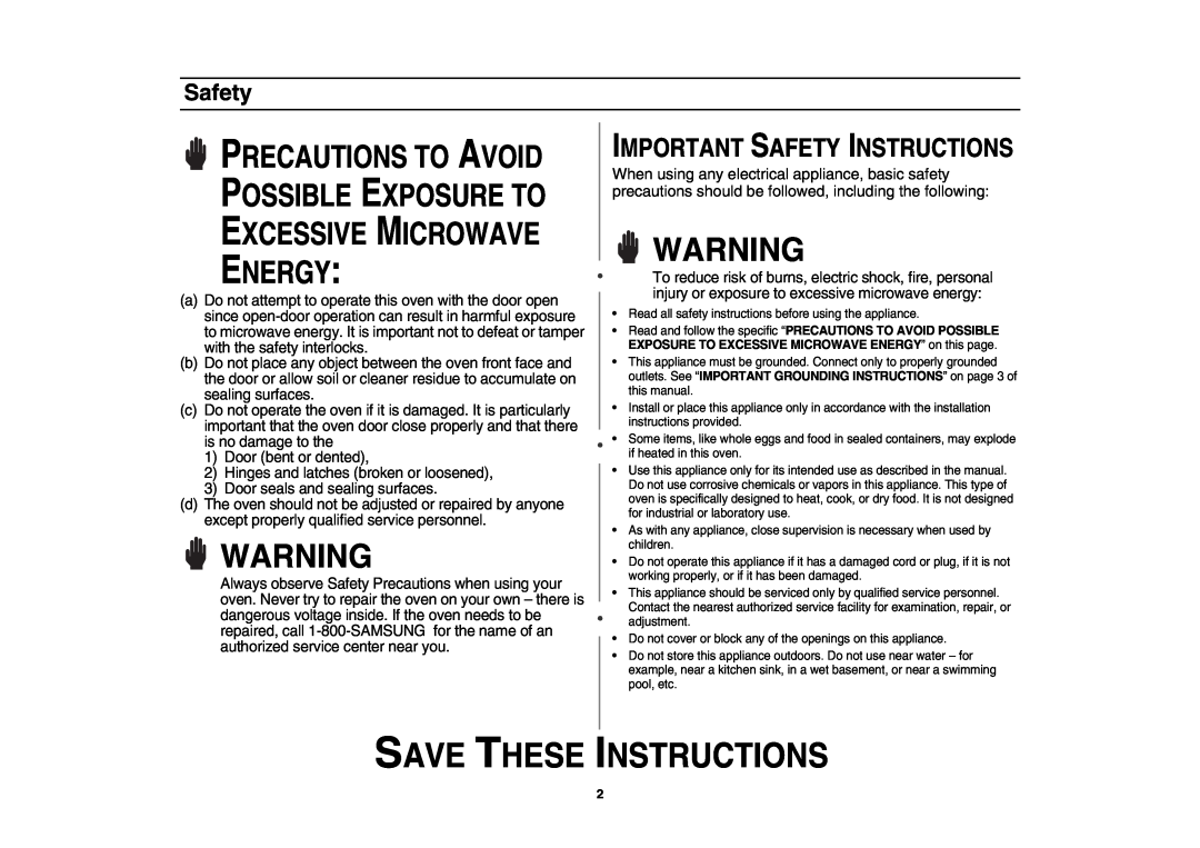 Samsung MD800 owner manual Save These Instructions, Important Safety Instructions 