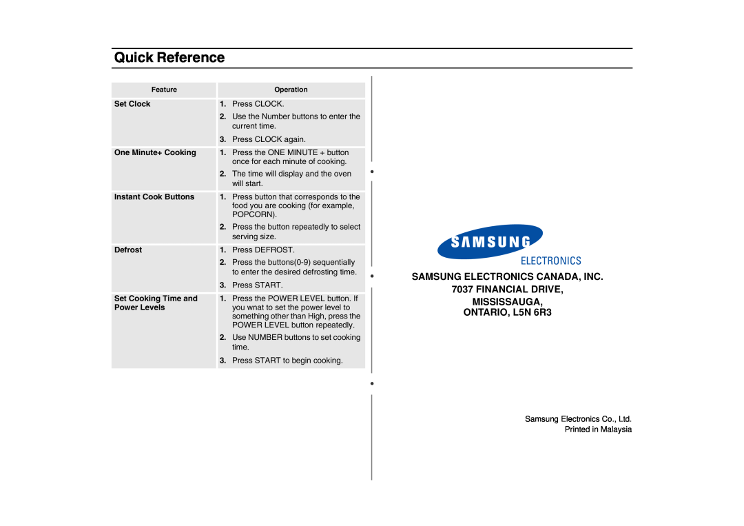 Samsung MD800 Quick Reference, Electronics, SAMSUNG ELECTRONICS CANADA, INC 7037 FINANCIAL DRIVE MISSISSAUGA, Set Clock 