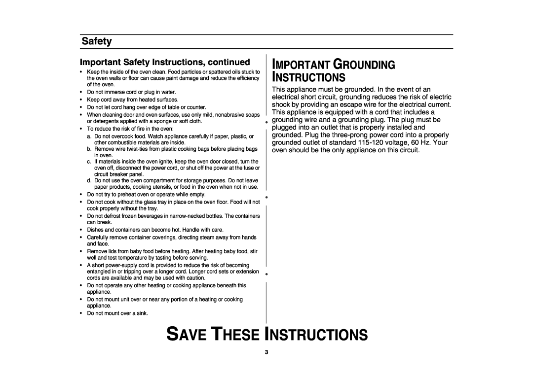 Samsung MD800 Important Grounding Instructions, Important Safety Instructions, continued, Save These Instructions 