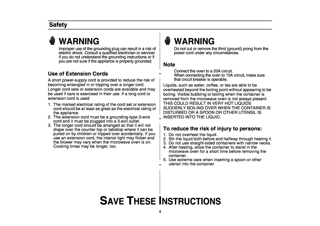 Samsung MD800 owner manual Use of Extension Cords, To reduce the risk of injury to persons, Save These Instructions, Safety 