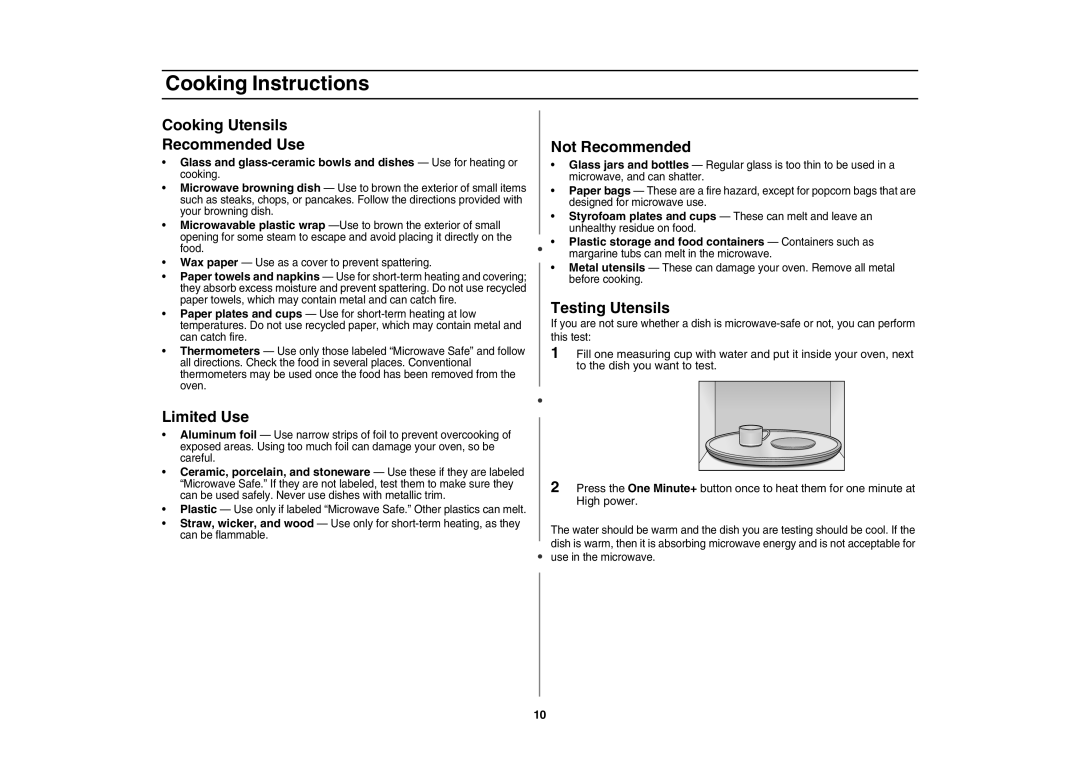 Samsung MD800SE/ZAM manual Cooking Utensils Recommended Use, Limited Use, Not Recommended, Testing Utensils 