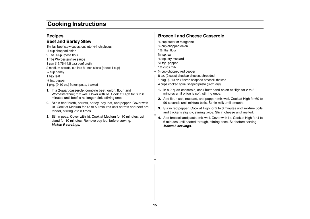 Samsung MD800SE/ZAM manual Recipes Beef and Barley Stew, Broccoli and Cheese Casserole 