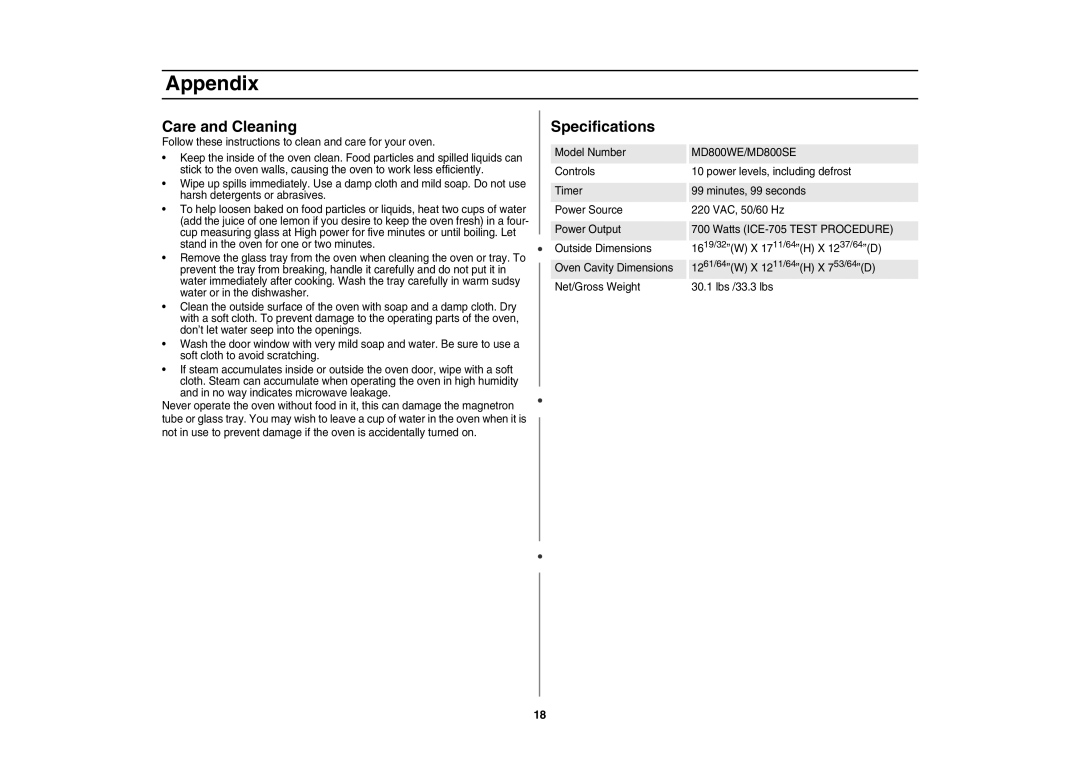 Samsung MD800SE/ZAM manual Care and Cleaning, Specifications 