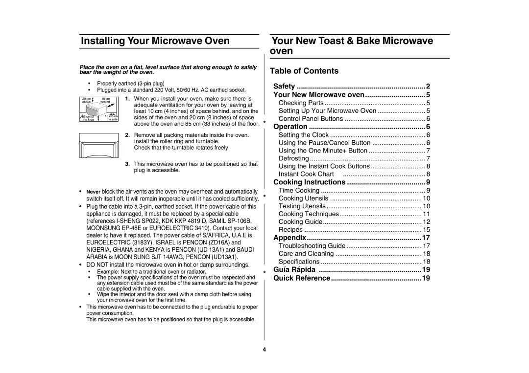 Samsung MD800SE/ZAM manual Installing Your Microwave Oven, Your New Toast & Bake Microwave oven, Table of Contents 